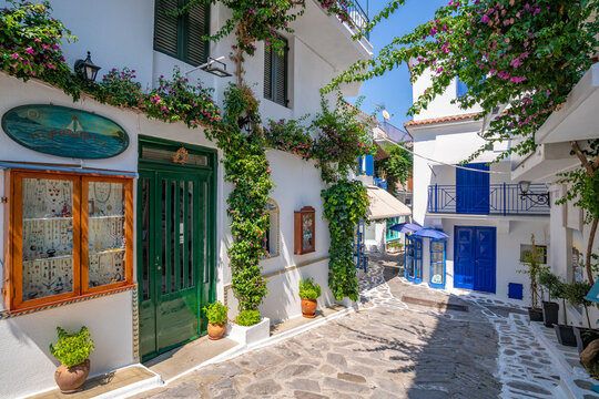 Fototapeta View of narrow whitewashed street in Skiathos Town, Skiathos Island, Sporades Islands, Greek Islands, Greece