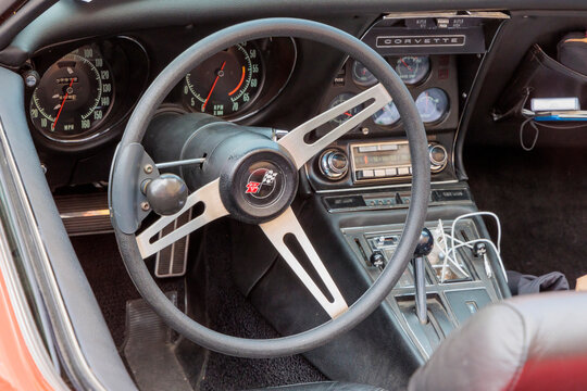 Germany Donauwörth 08-27-2022,interior and steering wheel of an old Corvette at the Oldtimer days