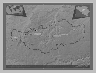 Brabant Wallon, Belgium. Grayscale. Labelled points of cities