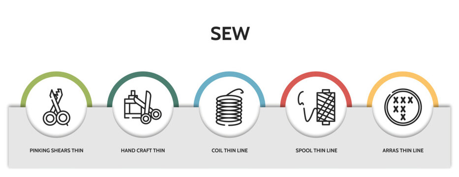 set of 5 thin line sew icons with infographic template. outline icons including pinking shears thin line, hand craft thin line, coil spool arras vector. can be used web and mobile.