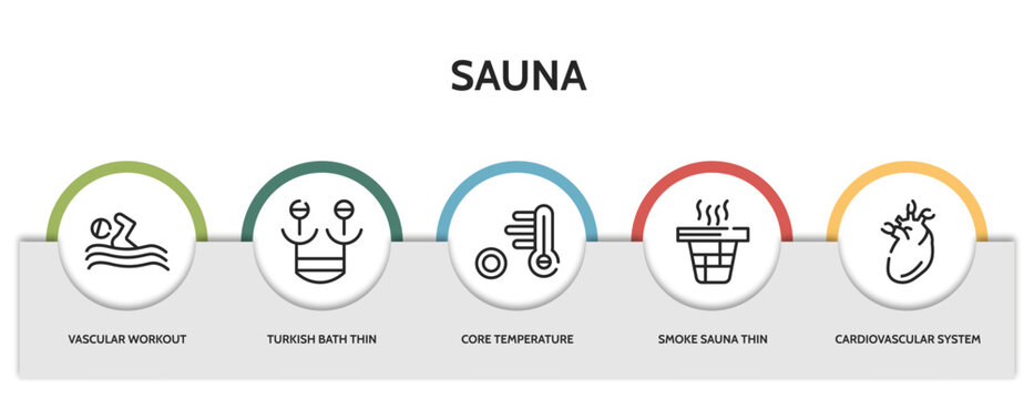 set of 5 thin line sauna icons with infographic template. outline icons including vascular workout thin line, turkish bath thin line, core temperature smoke sauna cardiovascular system vector. can