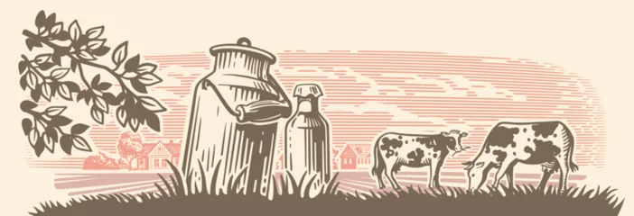 Gordijnen Village and landscape with can. Dairy farm cows © bioraven