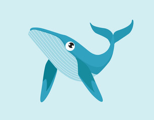Cute vector whale. Funny cartoon whale. Blue whale. Ocean animal. Cartoon character.