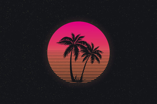 abstract 1980's retrowave, cyberpunk background with coconut palm trees, vintage vaporwave logo design concept