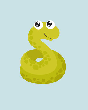 Cute snake. Little cartoon snake. Jungle animal. Dangerous wild animal. Cartoon character.