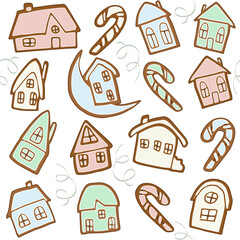 Gingerbread house seamless pattern Pink, blue and green cookies with candy cane on white background with curl tinsel Flat cartoon style vector illustration 