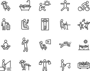 Vector set of relax line icons. Contains icons chill, rest, vacation, hammock, meditation, reading, shopping, diving, fishing and more. Pixel perfect.
