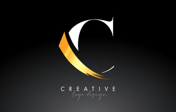 Golden Brush Letter C Logo Design with Creative Artistic Paint Brush Stroke and Modern Look Vector. C letter icon design with serif font and Golden brush stroke.
