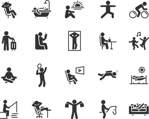 Vector set of relax flat icons. Contains icons chill, rest, vacation, hammock, meditation, reading, shopping, diving, fishing and more. Pixel perfect.