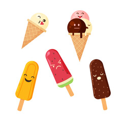 Kawaii ice cream cone. Ice lolly cartoon characters. Vector illustration isolated on white background. 