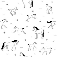 Vector seamless pattern, mares with foals in a meadow