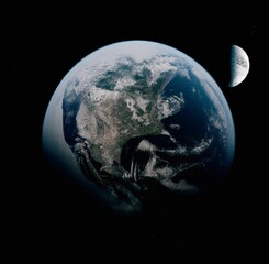 Scenic shot of the planet Earth and the Moon from the outer space