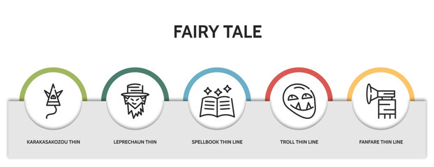 set of 5 thin line fairy tale icons with infographic template. outline icons including karakasakozou thin line, leprechaun thin line, spellbook troll fanfare vector. can be used web and mobile.