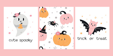 Cute little ghost and bat. Halloween kids print and pattern. Hand drawn funny creatures with flowers, t-shirt decor. Autumn holiday card or poster. Lettering phrase. Vector cartoon set