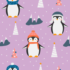 Seamless vector pattern with penguins, mountains and Christmas trees. Cute penguins in different cool hats. Antarctic animal in winter clothes. Vector illustration on an isolated lilac background. 