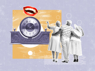 Two women and man lookinf at vintage clock. Contemporary art collage. Concept of retro vintage...