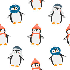 Seamless vector pattern with cute penguins. Penguins in different cool hats. Pink cheeks. Antarctic animal in winter clothes. Vector illustration isolated on white background. Flat style.