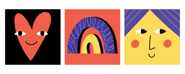 Abstract square faces. Funny cartoon characters with different emotions, doodle style happy trendy avatars, smile people portrait, contemporary geometric illustration, hand drawn vector isolated set