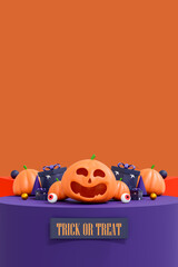 halloween background. colorful podium on stage with red and purple platform. stage to show product. stage on pedestal modern 3d studio
