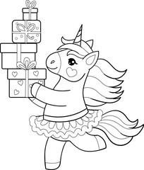 Cute unicorn carries gift boxes. Cartoon vector outline for coloring