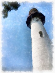 lighthouse watercolor style illustration impressionist painting.