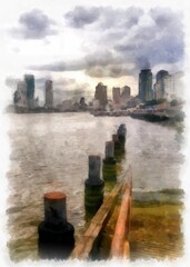 Landscape of the pier on the Chao Phraya River Bangkok watercolor style illustration impressionist painting.
