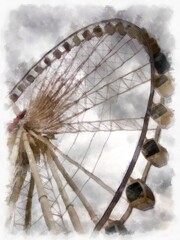 large Ferris wheel landscape watercolor style illustration impressionist painting.