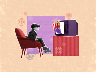 Little boy watching vintage tv set. Contemporary art collage. Concept of retro vintage fashion, music, mix old and modernity. Surrealism