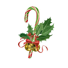 A Christmas lollipop painted in watercolor with golden bells, green holly branches and a red bow, hand-painted, suitable for printing on fabric, creating postcards and invitations