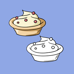 A set of images, a deep ceramic plate with dessert, delicious sour cream with berries, vector cartoon