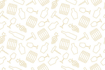 golden seamless pattern with wine related icons: grapes, barrel, goblet, decanter, glass, corkscrew, , great for wrapping, textile, wallpaper, greeting card- vector illustration