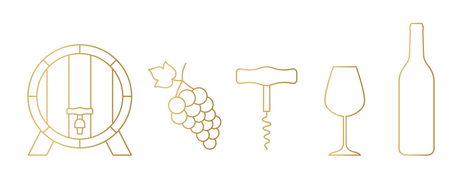 set of golden wine icons: wooden barrel with faucet, grapes, corkscrew, goblet and bottle - vector illustration
