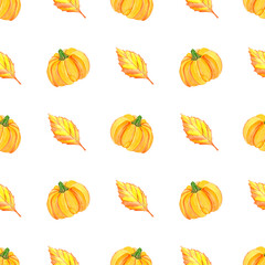 Watercolor autumn pumpkin seamless pattern isolated on transparent background. Thanksgiving illustration.