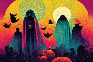 Halloween Background colorful with ghosts and pumpkins 