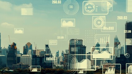 Business data analytic interface fly over smart city showing alteration future of business intelligence. Computer software and artificial intelligence are used to analyze big data for strategic plan .