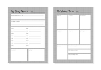 SET Planners Template of personal daily and weekly planner, weekly plan and Trendy pastel colors. Planner weekly and daily planner. Modern gray planner