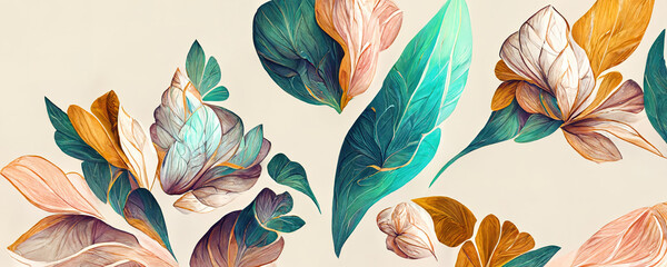 Spectacular pastel template of flower designs with leaves and petals. Natural blossom artwork features with multicolor and shapes. Digital art 3D illustration. - obrazy, fototapety, plakaty