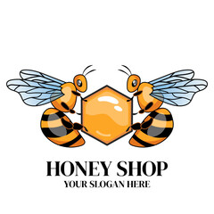 Vector logo for a honey shop. Bee logo vector. Design illustration with bee, honeycomb, for honey brand. Premium package and advertising template. Honey products, apiary and beekeeping branding.