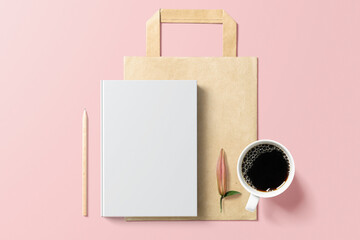 Clean minimal book 4x6 and craft bag mockup on top background with coffee cup and pencil