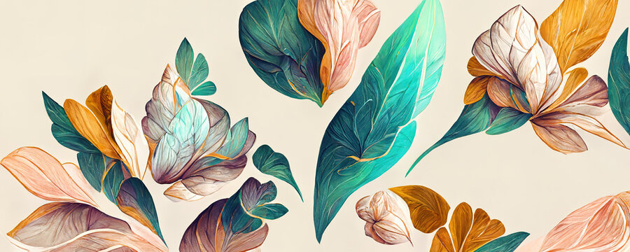 Spectacular pastel template of flower designs with leaves and petals. Natural blossom artwork features with multicolor and shapes. Digital art 3D illustration.