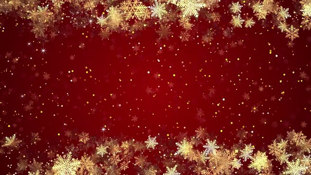 Golden Christmas snowflakes frame with lights and particles background. Winter, Christmas, New Years, Holidays frame concept. snowflakes falling, christmas festivity celebration tradition concept