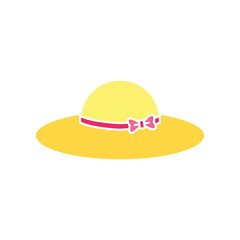 Yellow hat for sun protection headwear with ribbon. Woman summer hat, Girl sun cap for beach and summer vacation accessory icon. Vector illustration filled outline style. EPS10