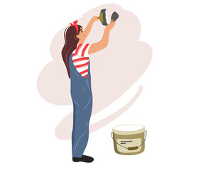  A young woman plasterer builder at work, takes plaster from a bucket and puts it on a trowel to plaster a wall. House interior renovation. Vector illustration
