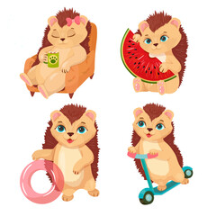 A set of Fluffy Hedgehogs doing different things. They rest, go for a walk, prepare for the holidays. Merry Porcupine. Vector illustration on a white background.