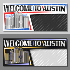 Vector layouts for Austin with copy space, decorative voucher with line illustration of famous austin city scape on day and dusk sky background, art design tourist coupon with words welcome to austin