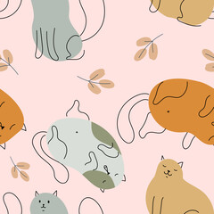 Pattern of cats, paw prints and balls of yarn. Print in pastel colors with funny animals. Pets. Drawing by hand. Seamless pattern. Vector illustration.