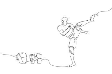 Kickboxer and MMA gloves and helmet set one line art. Continuous line drawing boxing, fight gloves, kicking, battle, MMA, strength, kickboxing, taekwondo, mixed martial arts fighter, sport.