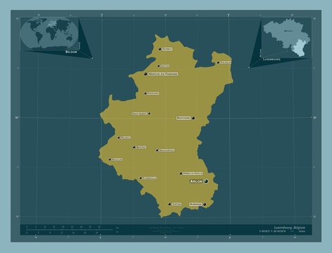 Luxembourg, Belgium. Solid. Labelled points of cities