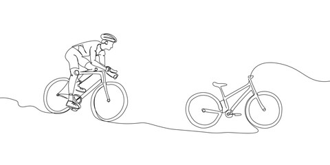 Athlete in a protective helmet rides a bicycle and mountain, road bike set one line art. Continuous line drawing sports, training, sport, race, cycle racing, tricks, urban, extreme, woman, man.