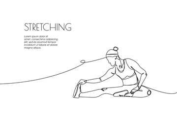 Web banner with woman doing stretching, half twine one line art. Continuous line drawing of promotion poster sports, fitness, athletics, strength, athletic, yoga asana, athlete, stretching, sexy body.